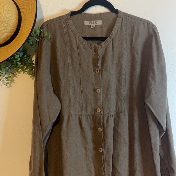 Flax Olive Green Long sleeved button up Linen Tunic Top Blouse Sz Medium - Picture 6 of 11